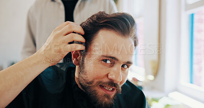 Buy stock photo Man, hairdresser or portrait with haircut for grooming, style or checking trim in barbershop. Male person, client or customer with barber or smile for hairstyle, cut or new look in beauty parlor