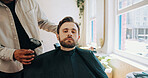 Man, portrait and barber with brush for haircut, grooming or styling in beauty parlor. Handsome, male person or customer with hairdresser or stylist cleaning hair for fresh cut or trim in barbershop