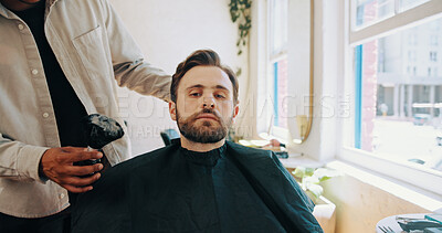 Buy stock photo Man, portrait and barber with brush for haircut, grooming or styling in beauty parlor. Handsome, male person or customer with hairdresser or stylist cleaning hair for fresh cut or trim in barbershop
