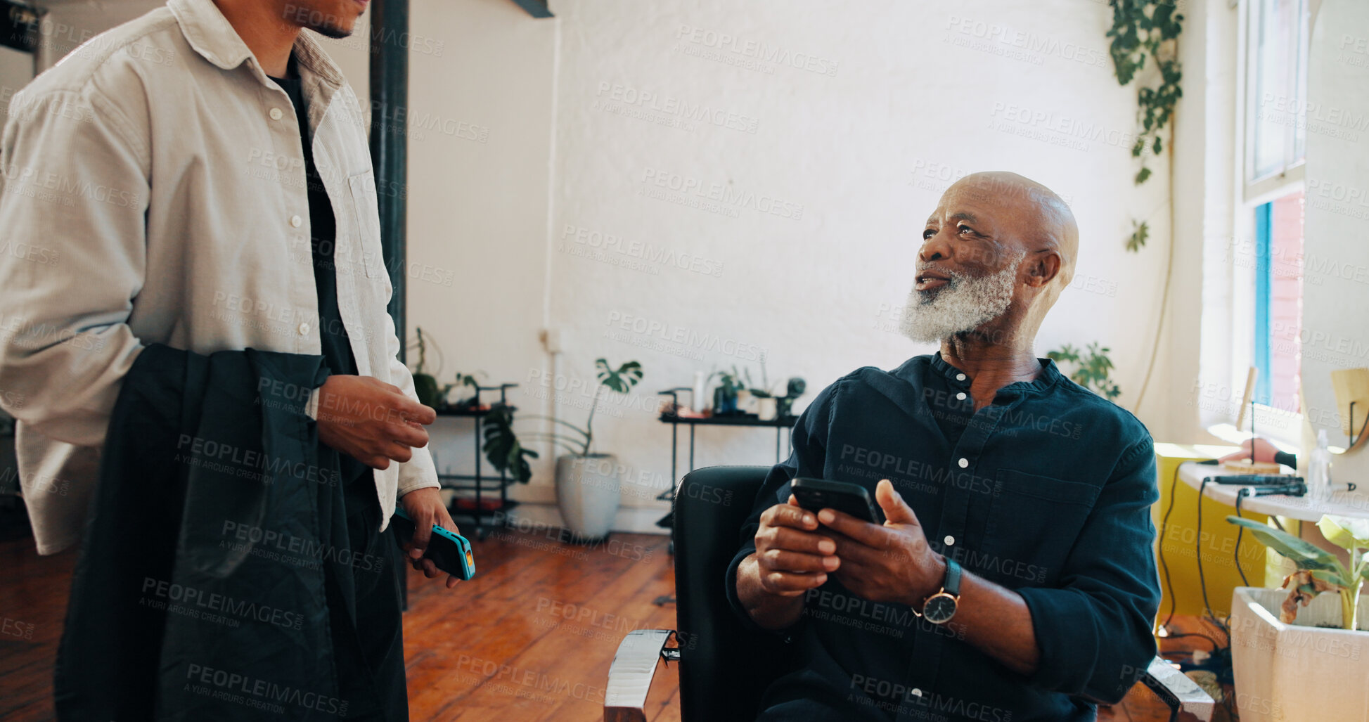 Buy stock photo Man, hairdresser or customer with phone for service payment, banking or pos machine in salon. Male people, barber or client with mobile smartphone app for NFC choice or wireless transaction in parlor