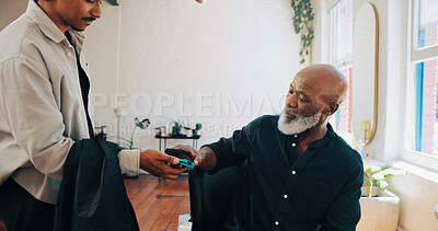Buy stock photo Man, barber or customer paying with phone for payment, banking or pos machine in salon. Male people, hairdresser or client with mobile smartphone app for NFC tap or wireless transaction in parlor