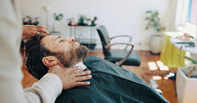 Buy stock photo Hairdresser, barber and stylist with man in chair for grooming, haircut and trim for beard service. Hair salon, appointment and people with shaving foam for styling, cut and treatment in barbershop