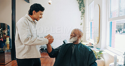Buy stock photo Hairdresser, customer or handshake at barbershop for service, maintenance appointment or smile for results. Gratitude, shake hands or happy people at hair salon for grooming, connection or thank you