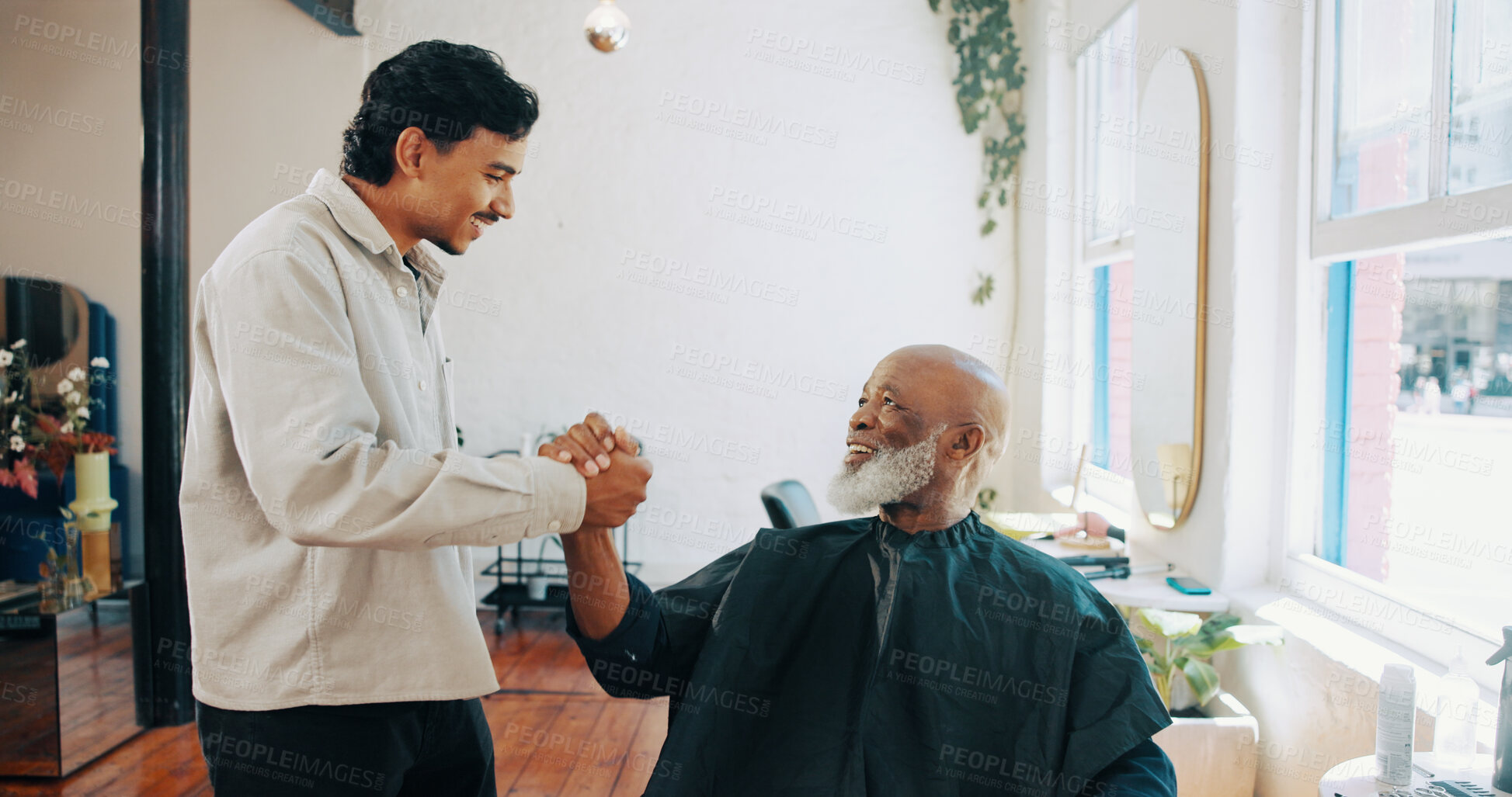 Buy stock photo Hairdresser, customer or handshake at barbershop for service, maintenance appointment or smile for results. Gratitude, shake hands or happy people at hair salon for grooming, connection or thank you