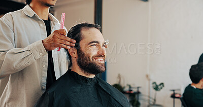 Buy stock photo Hairdresser, barber, and man with happy customer in chair for grooming, haircut and trim for service. Hair salon, appointment and people with tools for styling, maintenance or treatment in barbershop