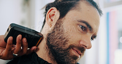 Buy stock photo Hands, barber and clippers for shaving beard, trim and facial hair removal with grooming at small business. People, client and customer experience at store, thinking and tools for hairstyle at salon