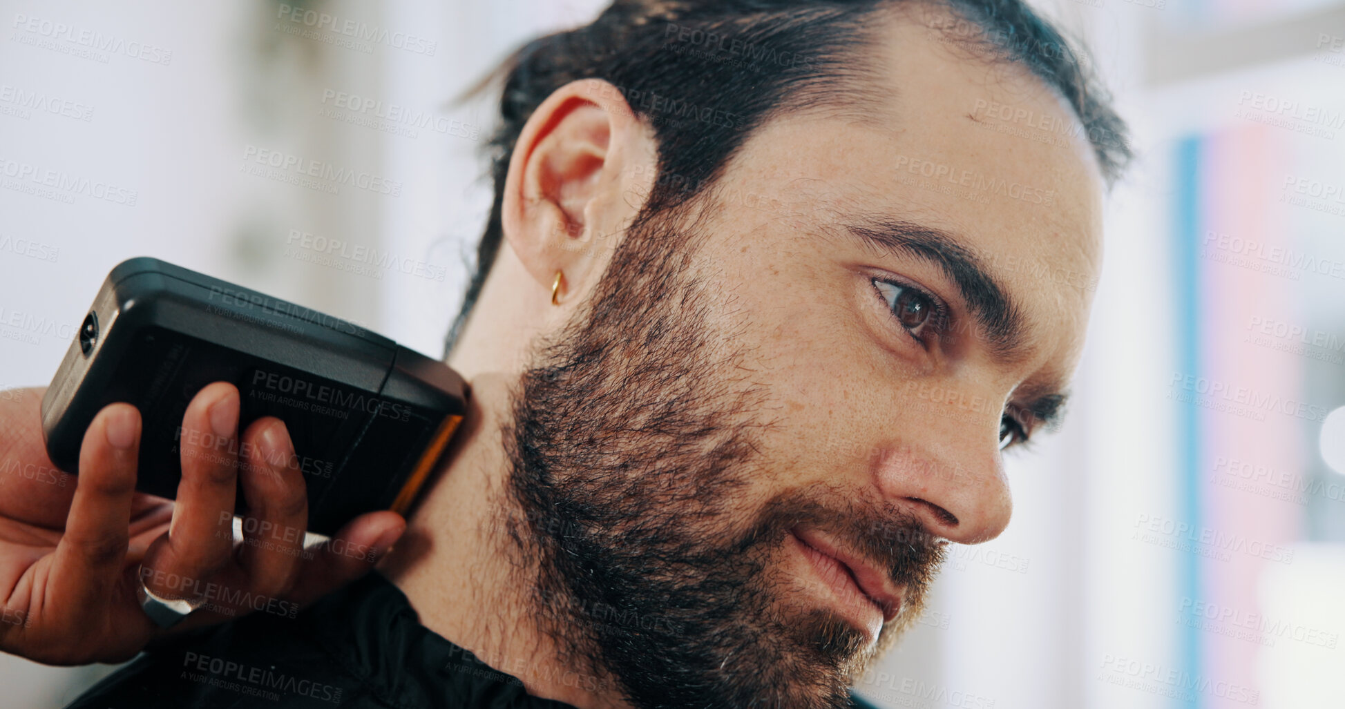Buy stock photo Hands, barber and clippers for shaving beard, trim and facial hair removal with grooming at small business. People, client and customer experience at store, thinking and tools for hairstyle at salon