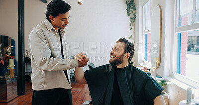 Buy stock photo Hairdresser, people or handshake at barbershop for service, maintenance appointment or smile for results. Gratitude, shake hands or happy customer at hair salon for grooming, connection or thank you