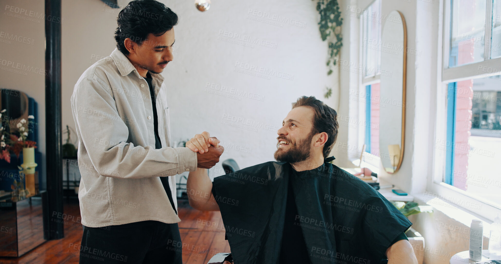Buy stock photo Hairdresser, people or handshake at barbershop for service, maintenance appointment or smile for results. Gratitude, shake hands or happy customer at hair salon for grooming, connection or thank you