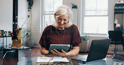 Buy stock photo Mature woman, tablet and happy at salon with booking, appointment and scroll checklist for grooming service. Person, hairdresser and entrepreneur tech with app, smile and check schedule at shop