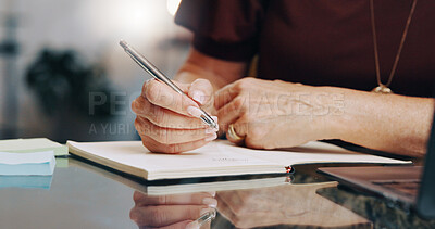 Buy stock photo Writing, pen and hands in salon with laptop, calendar planning or style research for hair appointment. Admin, grooming and woman in studio with tech, inspiration notes and schedule update for client