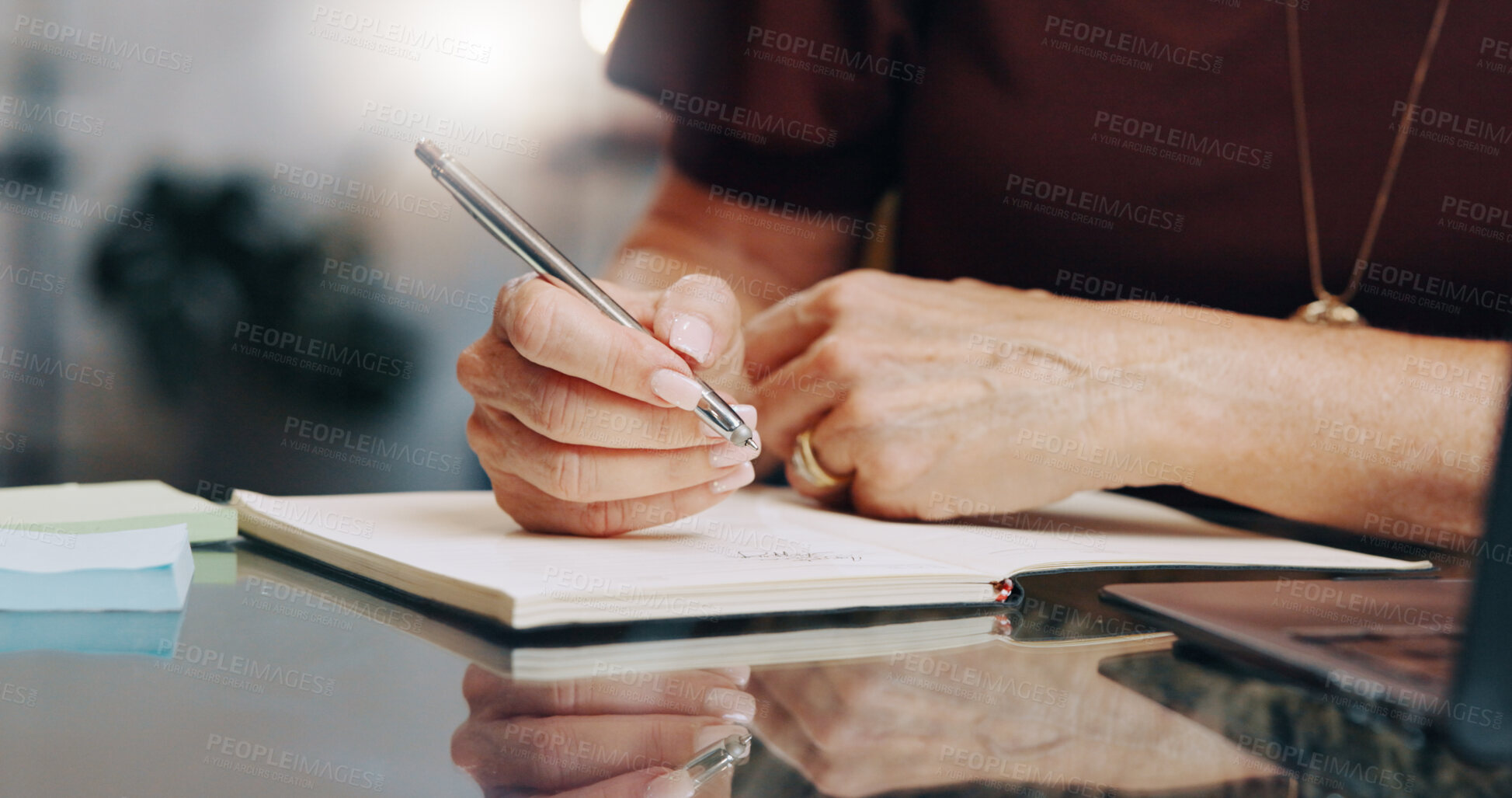 Buy stock photo Writing, pen and hands in salon with laptop, calendar planning or style research for hair appointment. Admin, grooming and woman in studio with tech, inspiration notes and schedule update for client