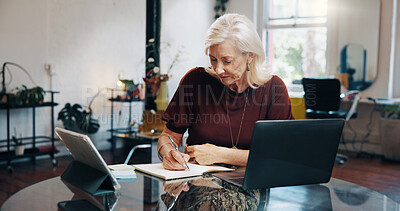 Buy stock photo Agenda, notebook and planning with woman at desk in small business office for startup research. Schedule, technology and writing with mature employee in office for brainstorming or to do list