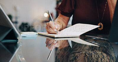Buy stock photo Writing, notebook and hands in office with tech, calendar planning or research for startup pitch. Laptop, tablet or woman in agency with notes, schedule update or proposal ideas for small business.