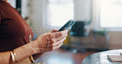 Buy stock photo Woman, hands and scroll in small business with phone for social media update, client contact and email. Space, person and typing in workplace with tech for customer review, online booking and admin.
