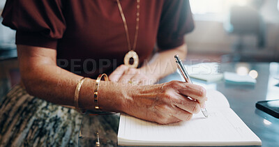 Buy stock photo Writing, ideas and hands in office with notebook, calendar plan or brainstorming for startup pitch. Insight, notes or woman in agency with inspiration, schedule update or proposal for small business