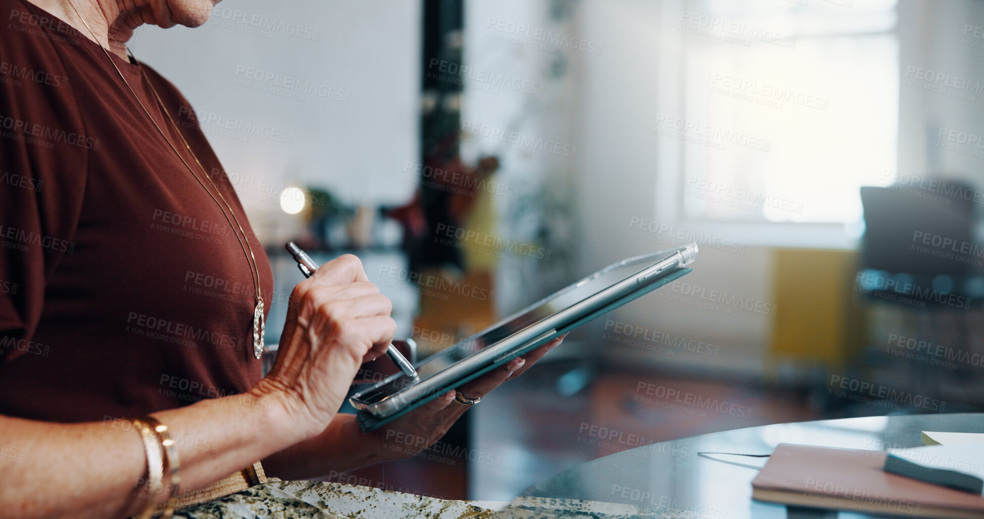 Buy stock photo Small business, stylus or hands with tablet for planning, monitor expenses or track revenue income. Review customer feedback, service profit or woman with cashflow check, tech or return on investment