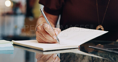 Buy stock photo Thinking, notes and hands in home with pen, reflection and planning in journal entry. Writing, mindfulness and woman in house with notebook, creative ideas and inspiration in brainstorming session