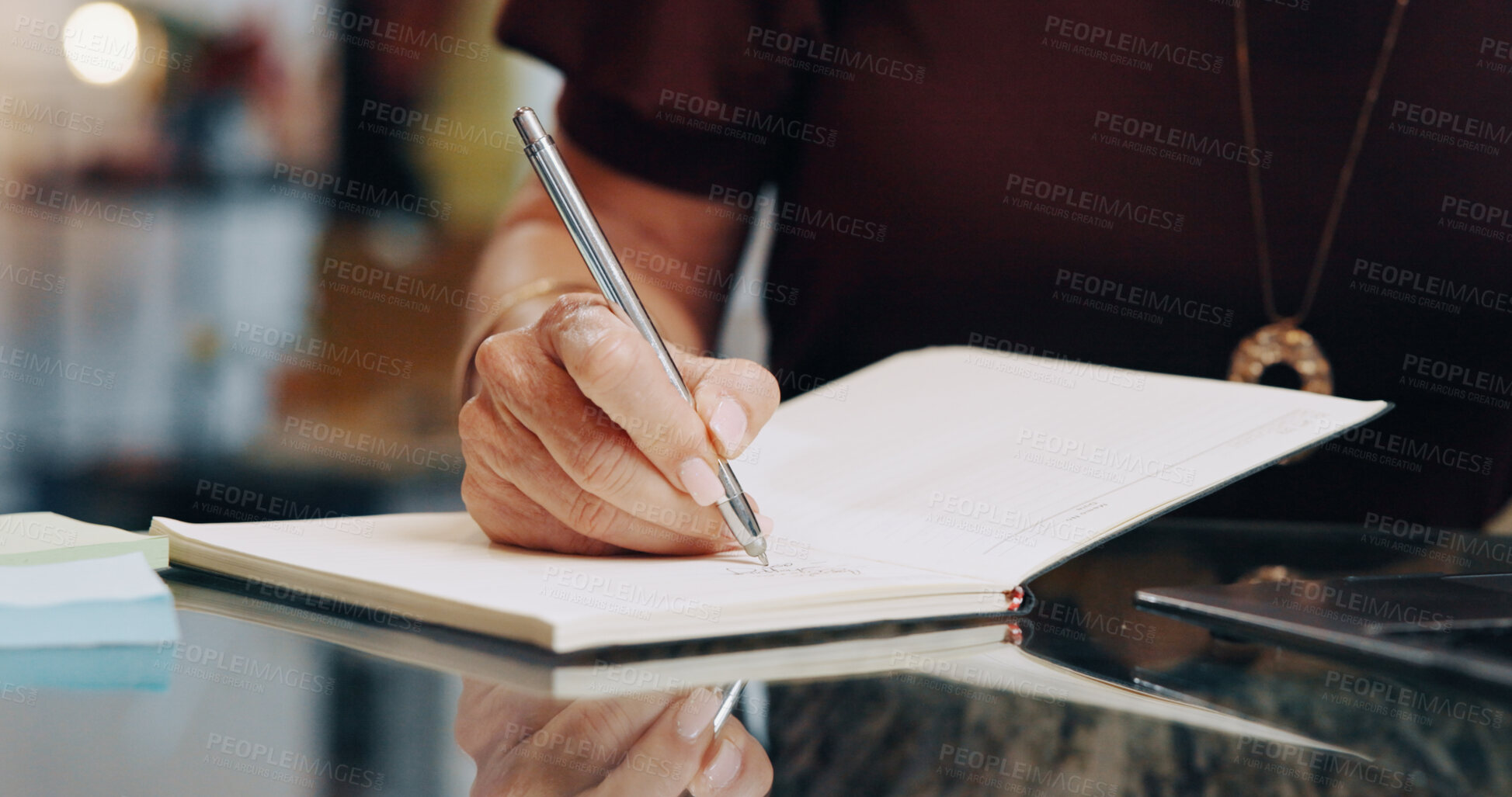 Buy stock photo Thinking, notes and hands in home with pen, reflection and planning in journal entry. Writing, mindfulness and woman in house with notebook, creative ideas and inspiration in brainstorming session
