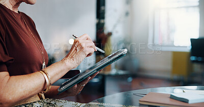 Buy stock photo Small business, stylus or hands of entrepreneur with tablet, monitor expenses or track revenue income. Review customer feedback, tech or woman with cashflow check, profit or return on investment