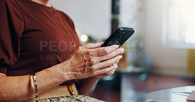 Buy stock photo Woman, hands and typing in small business with phone for client appointment update, schedule and email. Mature person, scroll and browsing in workplace with tech, customer online booking and admin.
