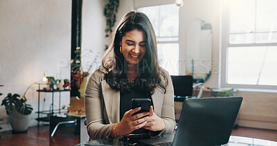 Buy stock photo Woman, laptop or phone in hair salon with smile for text message, customer feedback and notification. Happy, person or computer with tech in hairdresser for good review, client email or satisfaction.