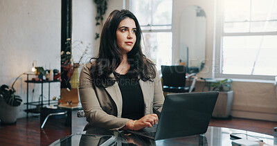 Buy stock photo Woman, thinking or browse in salon with laptop for client appointment update, calendar or email. Person, reflection or idea in hairdresser with computer for customer schedule, online booking or admin