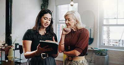 Buy stock photo Woman, hairdresser and team with tablet, discussion and planning with review for schedule at shop. People, small business partnership and tech with app, talk or checklist for salon supplies at store