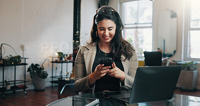 Buy stock photo Happy, woman or phone in hair salon with laptop for text message, customer feedback and notification. Person, smile or computer with tech in hairdresser for good review, client email or satisfaction.