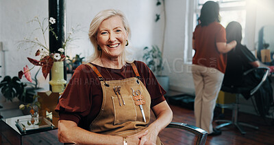 Buy stock photo Mature woman, portrait and smile at hairdresser with career, confidence and pride for grooming service at store. Person, entrepreneur and happy at salon, job or apron for hairstyle at beauty parlor