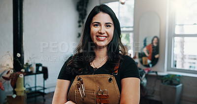 Buy stock photo Woman, portrait and happy at hairdresser in store, confidence and career with grooming services. Person, entrepreneur and smile at salon, tools or apron with pride, job or hairstyle at beauty parlor