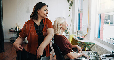 Buy stock photo Haircut, preparation and women in salon with cover, hair removal or trim routine in small business. Grooming, start or hairdresser in studio with cape, cutting or customer styling in beauty startup.