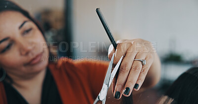 Buy stock photo Hands, scissors and styling with people at hairdresser for appointment, consulting or treatment. Check, cutting or equipment with customer and hair stylist in salon for haircare or maintenance