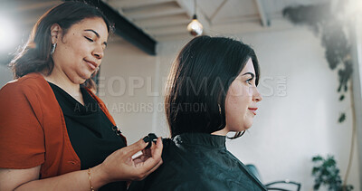Buy stock photo Hair salon, women and hairdresser with client for beauty, flare and ready for texture maintenance. Customer, hairstylist and person in small business for hairstyle, tie cape and prepare for service