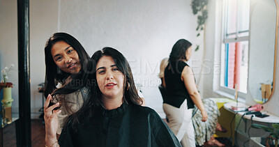 Buy stock photo Check, mirror and portrait with people at hairdresser for appointment, consulting or treatment. Assessment, pov and reflection with customer and hair stylist in salon for maintenance or restoration