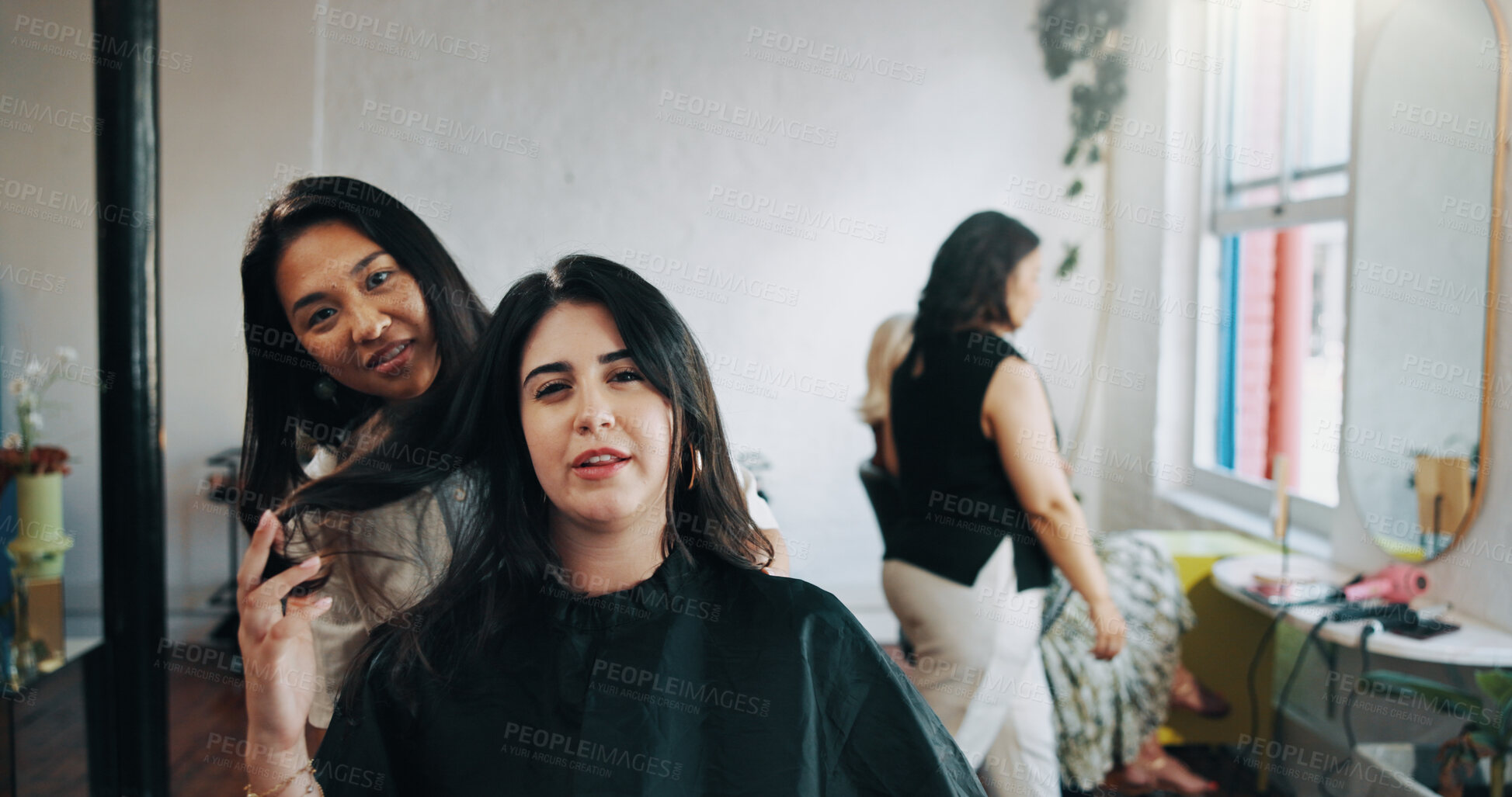 Buy stock photo Check, mirror and portrait with people at hairdresser for appointment, consulting or treatment. Assessment, pov and reflection with customer and hair stylist in salon for maintenance or restoration