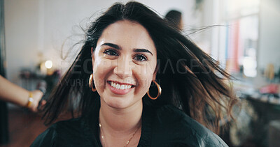 Buy stock photo Portrait, smile and styling with woman at hairdresser for appointment, consulting or treatment. Satisfaction, service and volume with happy customer in hair salon for maintenance or restoration