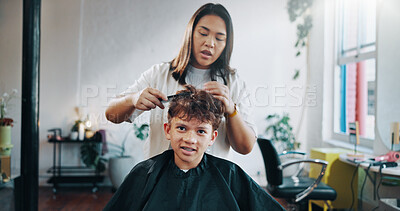 Buy stock photo Cutting, hairdresser and child with cape, woman and hair maintenance with equipment. Consultation, appointment and person with boy for haircut, grooming and process with confidence and teenager