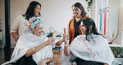 Buy stock photo Cheers, hairstylist and champagne with bride in salon for cosmetology, success and grooming. Hairdresser, parlor and bridal makeover with women and toast in store for hair care, smile and celebration