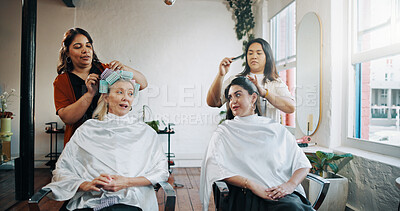Buy stock photo Beauty, hairstylist and talking with friends in salon for cosmetology, gossip and grooming. Hairdresser, parlor and customer makeover with people in store for hair care, relax and conversation