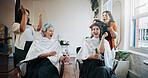 Beauty, hairstylist and champagne with friends in salon for cosmetology, success and grooming. Hairdresser, parlor and customer makeover with people in store for hair care, relax and celebration