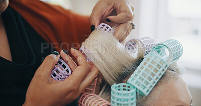 Buy stock photo Hands, hairstylist and curlers with woman in salon for cosmetology, beauty and grooming. Hairdresser, parlor and customer makeover with people in store for hair care appointment, relax and rollers