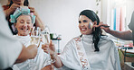 Toast, hairstylist and champagne with bride in salon for cosmetology, success and grooming. Hairdresser, parlor and bridal makeover with women and cheers in store for hair care, smile and celebration