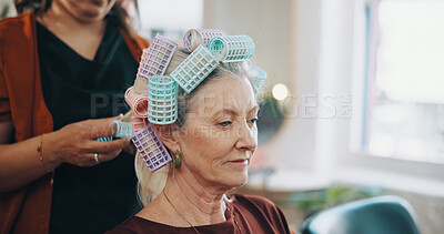 Buy stock photo Hairdresser, women and rollers in salon for hair care, maintenance or grooming service in appointment. Hairstylist, people and mature person in small business with curlers, beauty tools and wellness.