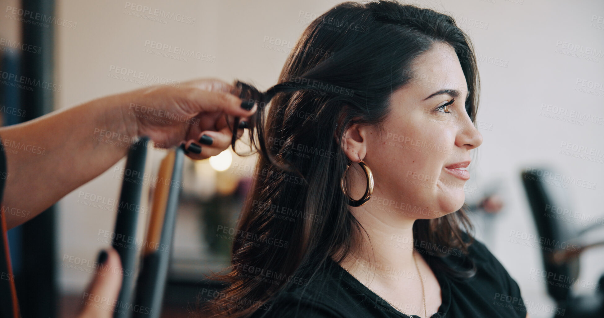 Buy stock photo Client, hairstylist and straightener with woman in salon for cosmetology, beauty and grooming. Hairdresser, parlor and customer makeover with people in store for hair care, relax and flat iron