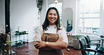 Portrait, happiness and woman in hair salon with arms crossed, about us or owner of small business. Smile, grooming and hairdresser in startup with confidence, experience or career in beauty industry