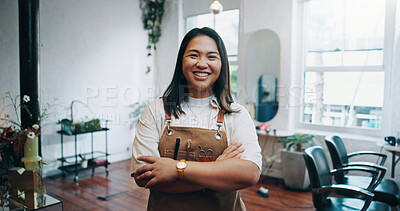 Buy stock photo Portrait, happiness and woman in hair salon with arms crossed, about us or owner of small business. Smile, grooming and hairdresser in startup with confidence, experience or career in beauty industry