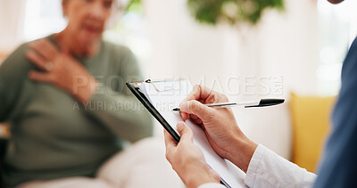 Buy stock photo Hands, patient or nurse with writing in retirement home for wellness check, shoulder pain or symptoms. Healthcare, old person and caregiver with notes on clipboard for health assessment and diagnosis