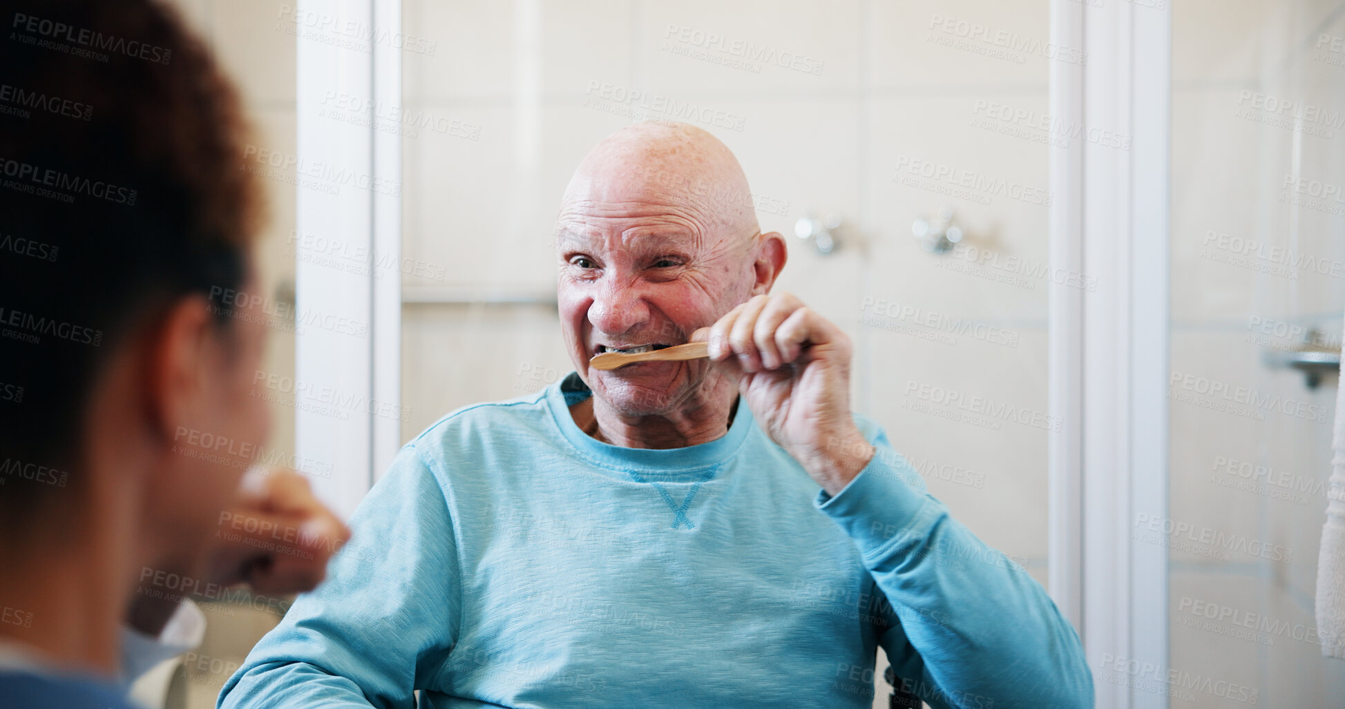 Buy stock photo Elderly man, nurse and help for brushing teeth in bathroom, motor skills exercise and dental hygiene in home. Caregiver, wood toothbrush and oral care for senior person with disability in retirement