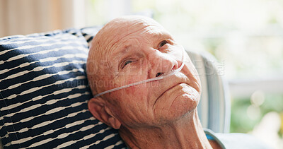 Buy stock photo Sick, old man and think in nursing home, sad and breathing with nasal cannula and pulmonary disease. Homecare, elderly patient and senior person with depression, reflection and equipment for oxygen